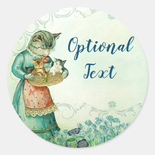 Vintage Mum Cat with Kittens  Classic Round Sticker (Front)