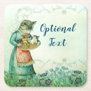 Vintage Mum Cat with Kittens  Square Paper Coaster