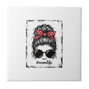 Vintage Mum Life Messy Bun Bandanna Shirt Design_1 Ceramic Tile