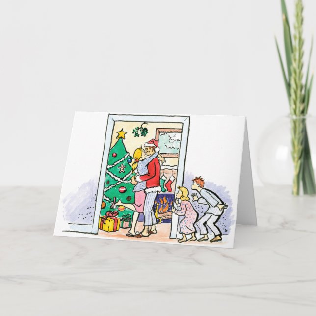 Vintage Mummy Kissing Santa Christmas Holiday Card (Front)