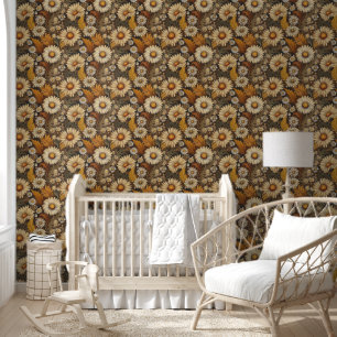 Vintage mums and daisies pattern wallpaper