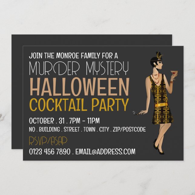 Vintage Murder Mystery Halloween Cocktail Party Invitation (Front/Back)