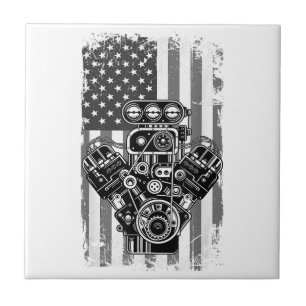 Vintage Muscle Car Piston American Flag Funny Mech Ceramic Tile