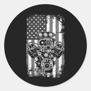 Vintage Muscle Car Piston American Flag Funny Mech Classic Round Sticker