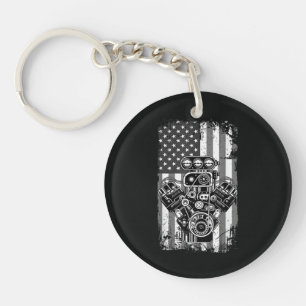 Vintage Muscle Car Piston American Flag Funny Mech Key Ring
