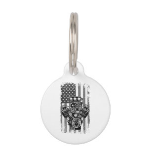 Vintage Muscle Car Piston American Flag Funny Mech Pet Tag