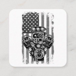 Vintage Muscle Car Piston American Flag Funny Mech Square Business Card