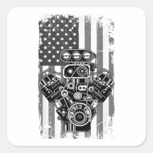 Vintage Muscle Car Piston American Flag Funny Mech Square Sticker