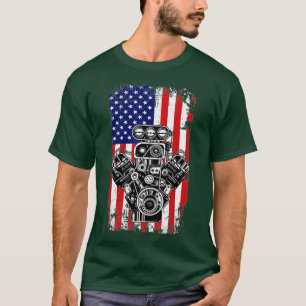 Vintage Muscle Car Piston American Flag Funny Mech T-Shirt