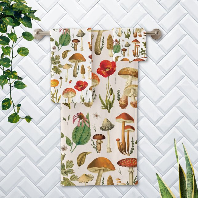 Vintage Mushroom and Wildflower Pattern Bath Towel Set (In situ Bathroom wall)
