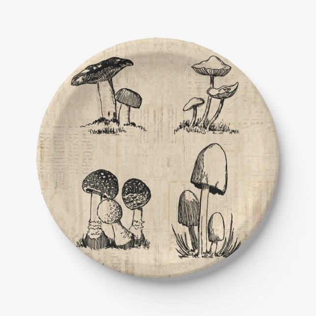 Vintage Mushroom Art Illustration Paper Plate (Front)
