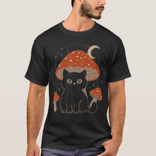 Vintage Mushroom Black-Cat Cottagecore Aesthetic W T-Shirt