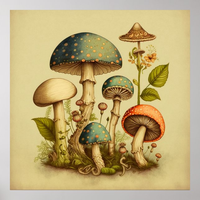 Vintage Mushroom Digital Art 9 Poster (Front)