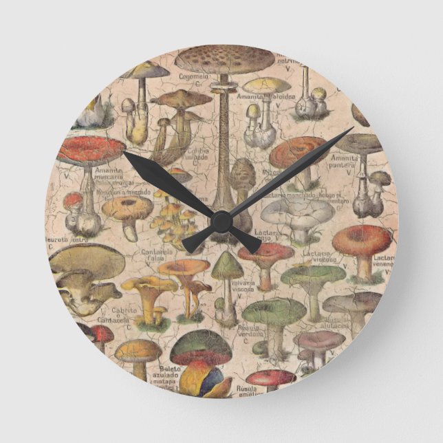 Vintage Mushroom Guide Round Clock (Front)