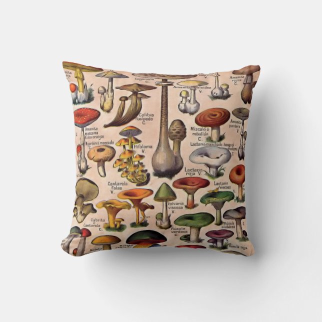 Vintage Mushroom Guide Throw Pillow (Front)