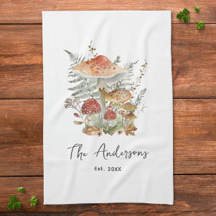 Vintage Mushroom Personalised Family Name Tea Towel