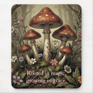 Vintage Mushroom Red Caps and Wildflowers Art Mouse Pad