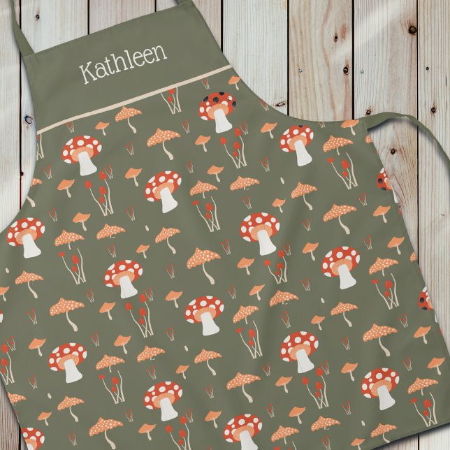 Vintage Mushroom Retro Green All-Over Print Apron (Creator Uploaded)