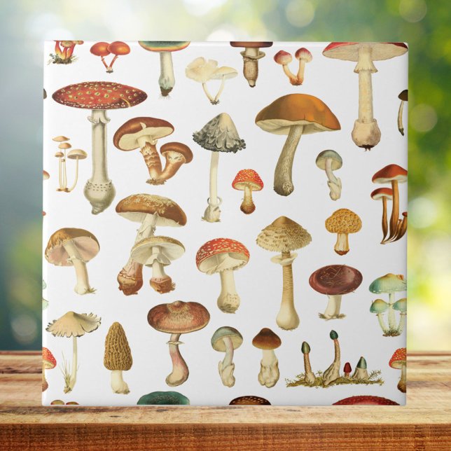 Vintage Mushroom Seamless Pattern Ceramic Tile (Close up)