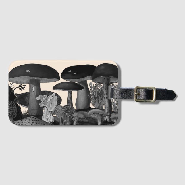 Vintage mushrooms black and white illustration  luggage tag (Front Horizontal)
