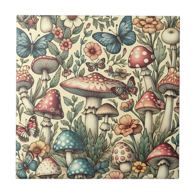 Vintage Mushrooms, Flowers, Butterflies Whimsical Ceramic Tile (Front)