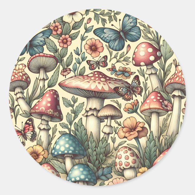 Vintage Mushrooms, Flowers, Butterflies Whimsical Classic Round Sticker (Front)