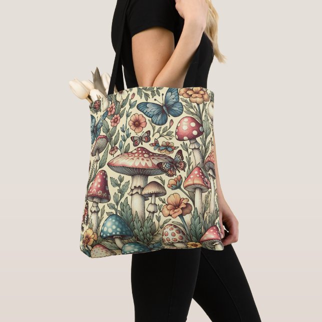 Vintage Mushrooms, Flowers, Butterflies Whimsical Tote Bag (Close Up)