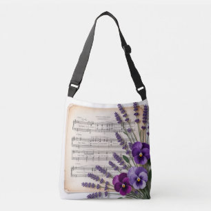 Vintage Music and Lavender Pansies Floral Crossbody Bag