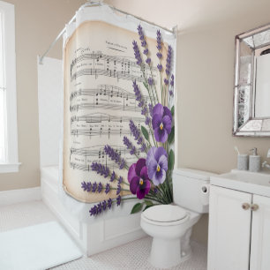 Vintage Music and Lavender Pansies Floral Shower Curtain