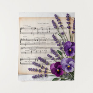 Vintage Music and Lavender Pansies Floral Tapestry
