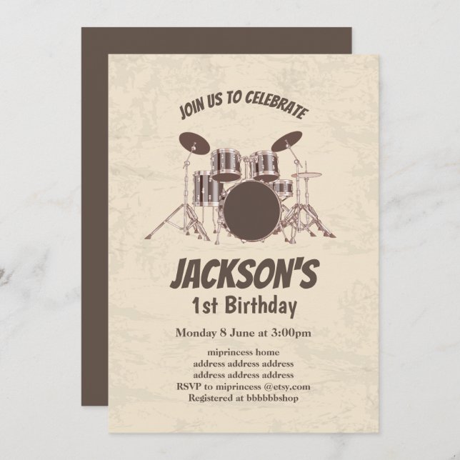 vintage,  music, drum set, birthday invitation (Front/Back)