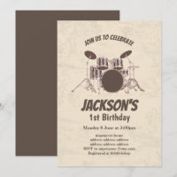 vintage, music, drum set, birthday invitation
