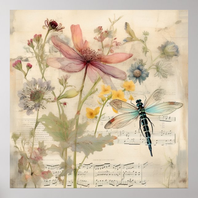 Vintage Music French Floral Dragonfly Art Poster (Front)