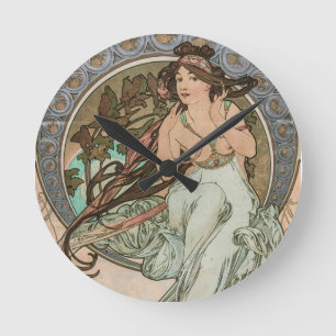 Vintage Music, from Les Arts, by Alphonse Mucha Round Clock