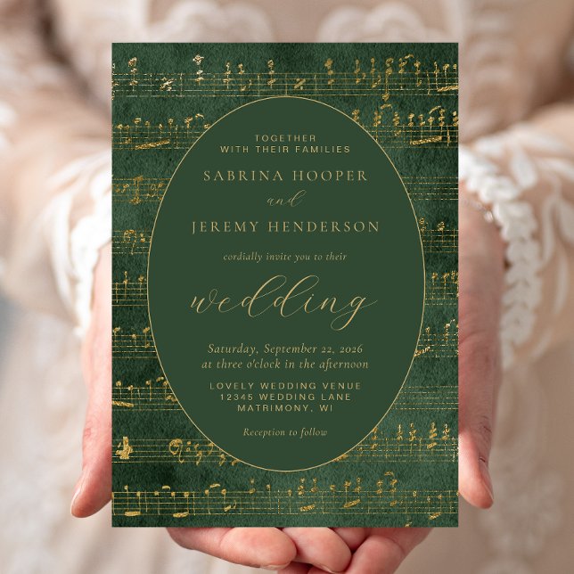 Vintage Music Manuscript Green Gold Wedding Invitation (Creator Uploaded)