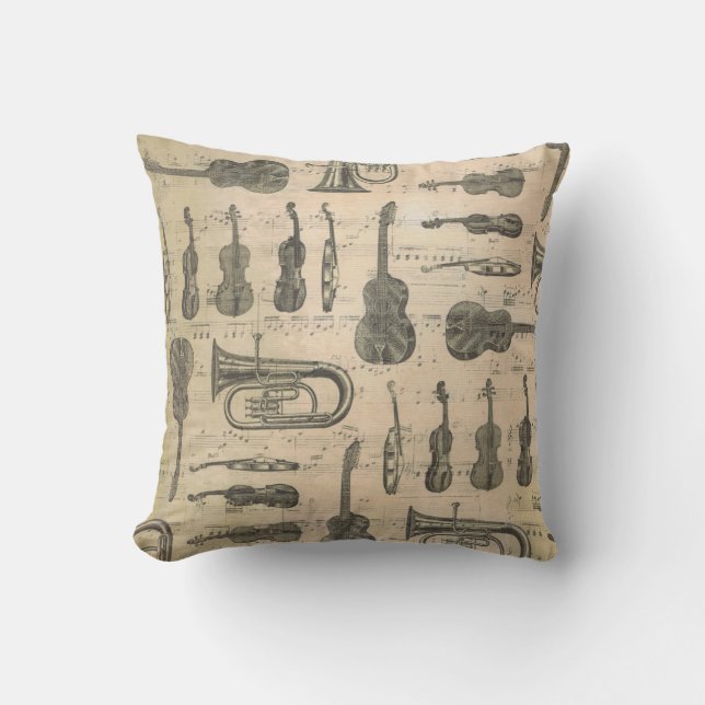 Vintage Music Note Pattern Guitar Violin Tuba   Cushion (Front)