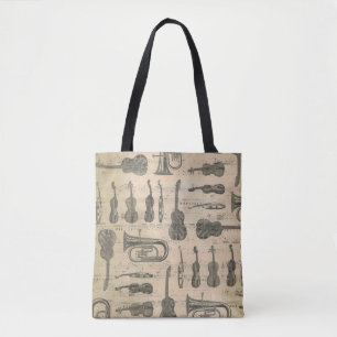 Vintage Music Note Pattern Guitar Violin Tuba  Tote Bag