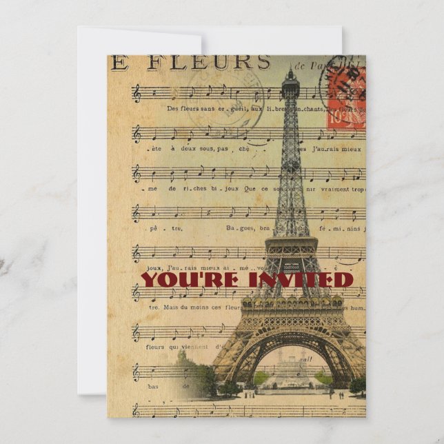 vintage music notes french paris eiffel tower invitation (Front)