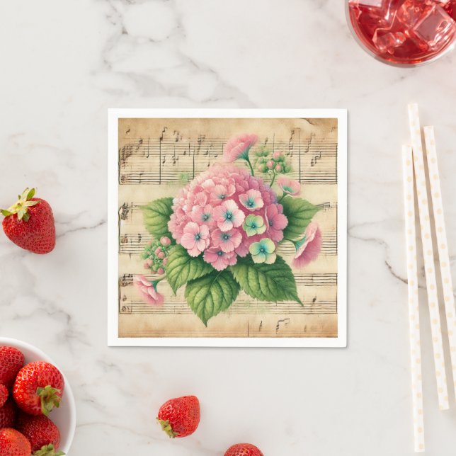 Vintage Music Pink & Green Hydrangea Decoupage Napkin (Insitu)