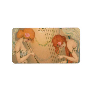 Vintage Music Victorian Angel Musicians Flute Harp Label