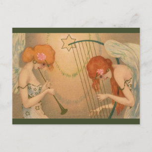 Vintage Music Victorian Angel Musicians Flute Harp Postcard