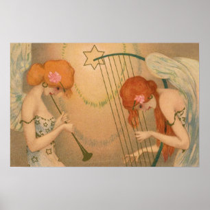 Vintage Music Victorian Angel Musicians Flute Harp Poster