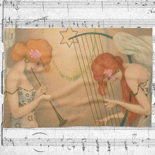 Vintage Music Victorian Angel Musicians Flute Harp Tea Towel