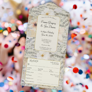 Vintage Music Watercolor Floral Rustic Wedding All In One Invitation