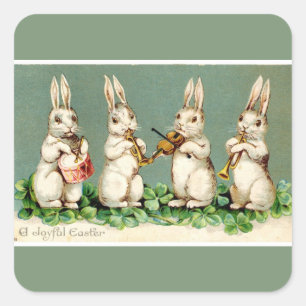 Vintage Musical Easter Bunnies Green Square Sticker