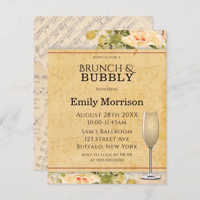Vintage Musical Floral Brunch & Bubbly Invites (Front/Back)