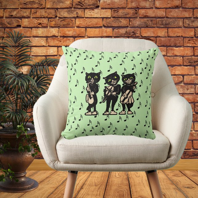 Vintage Musician Black Cats Music Notes Cushion (Three black cat musicians playing musical instruments on black music notes green decorative pillow.)