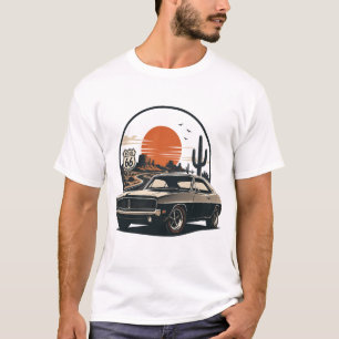 Vintage Mustang Route 66 Garage Sunset Graphic T-S T-Shirt