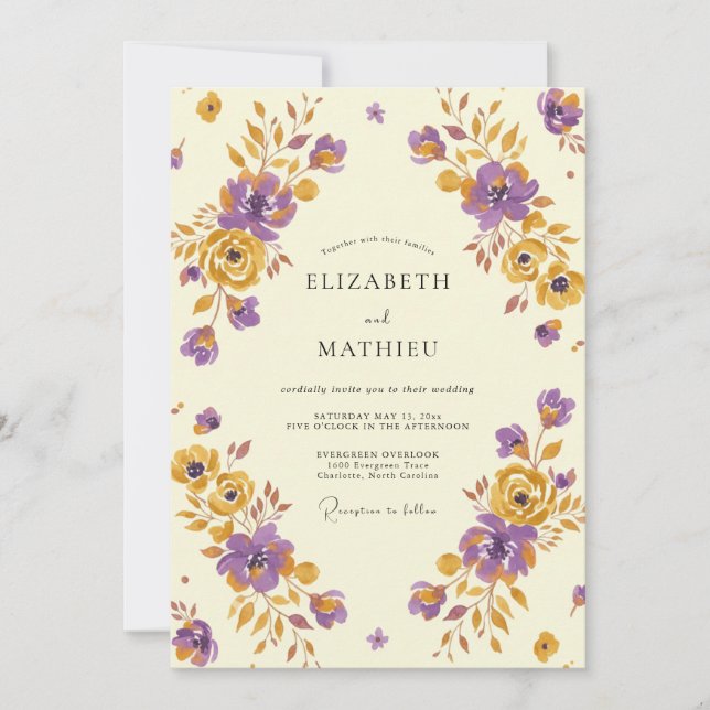 Vintage Mustard Violet Painted Wedding Invitation (Front)