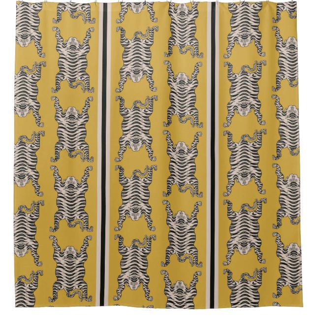 Vintage Mustard Yellow Tiger pattern Striped Shower Curtain (Front)